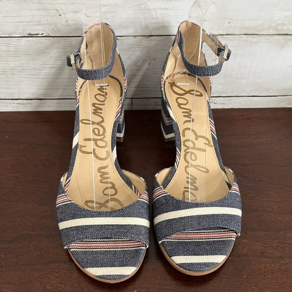 Sam Edelman Women's Denim Stripe Susie Ankle Buckle Heels 7.5 M Red White Blue - Picture 4 of 11